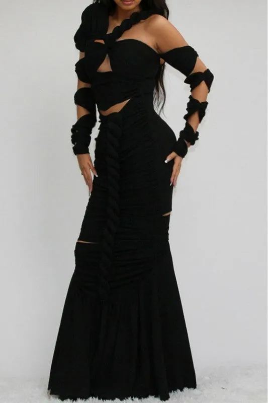 Long Sleeve Twist Wrap Formal Maxi Dress