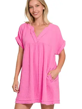 Looking Fly Gauze V Neck Dress  Candy Pink