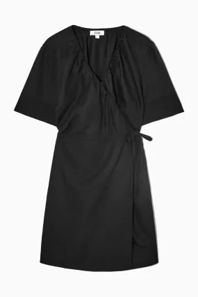 MINI LINEN-BLEND WRAP DRESS - V-neck - Short sleeve - BLACK - Ladies | H&M GB