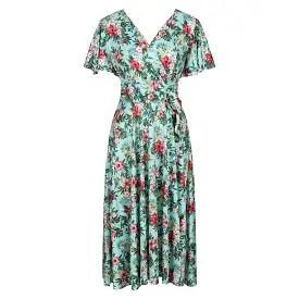 Mint Floral Print Cap Sleeve V Neck Wrap Top Swing Dress