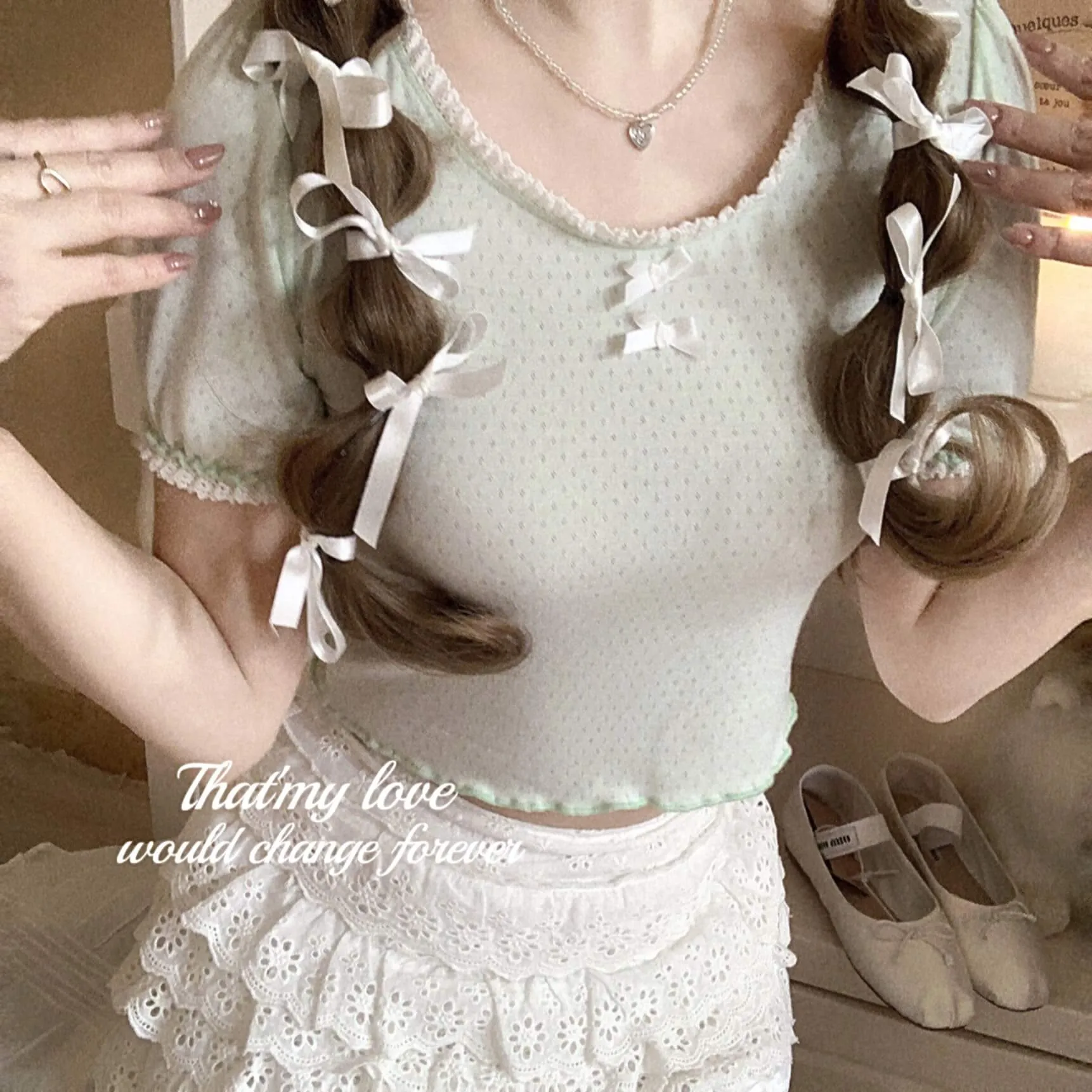 Mint green softgirl lace bow top BY3310