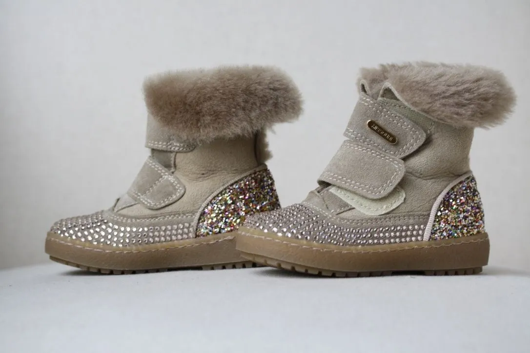 MISSOURI BABY BEIGE SHEEPSKIN FUR LINED SUEDE DIAMANTE BOOTS EU 21 UK 4.5