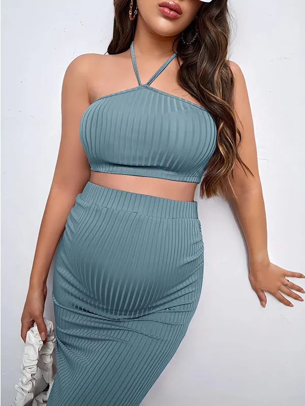 Momnfancy Spaghetti Strap Two Piece Fitted Halter Neck Knit Belly Friendly Babyshower Maternity Maxi Dress