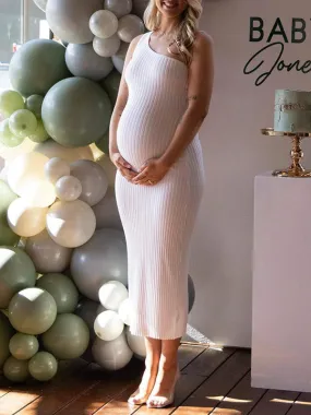 Momnfancy White Oblique Shoulder Stretch Knit Solid Color Bodycon Babyshower Maternity Midi Dress