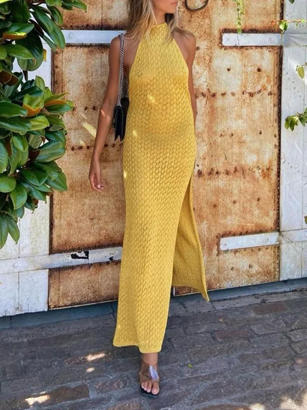 Momnfancy Yellow Knitting Cut Out Backless Slit Halter Neck Baby Shower Prom Maternity Maxi Dress