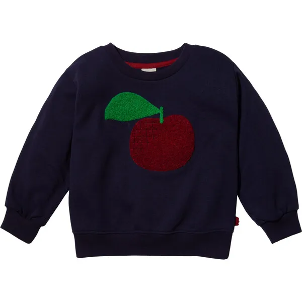 Mon Coeur Red Apple Print Ribbed Neck Drop Shoulder Sweatshirt, Blue