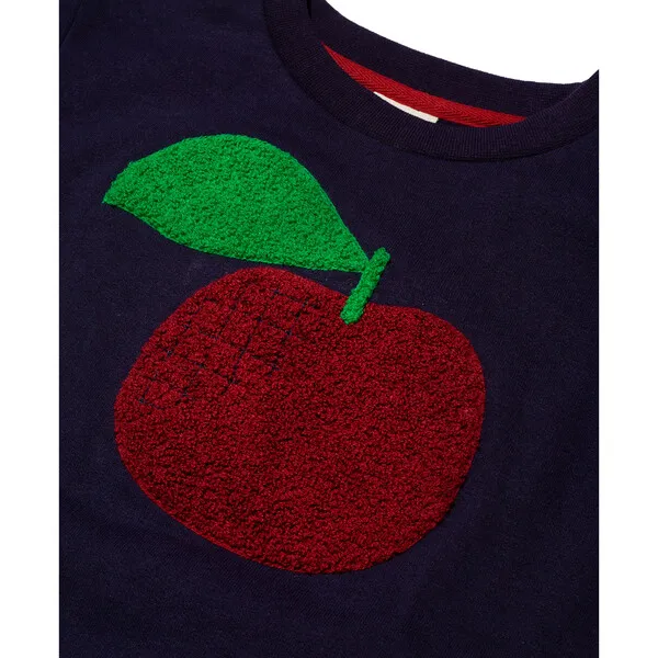 Mon Coeur Red Apple Print Ribbed Neck Drop Shoulder Sweatshirt, Blue