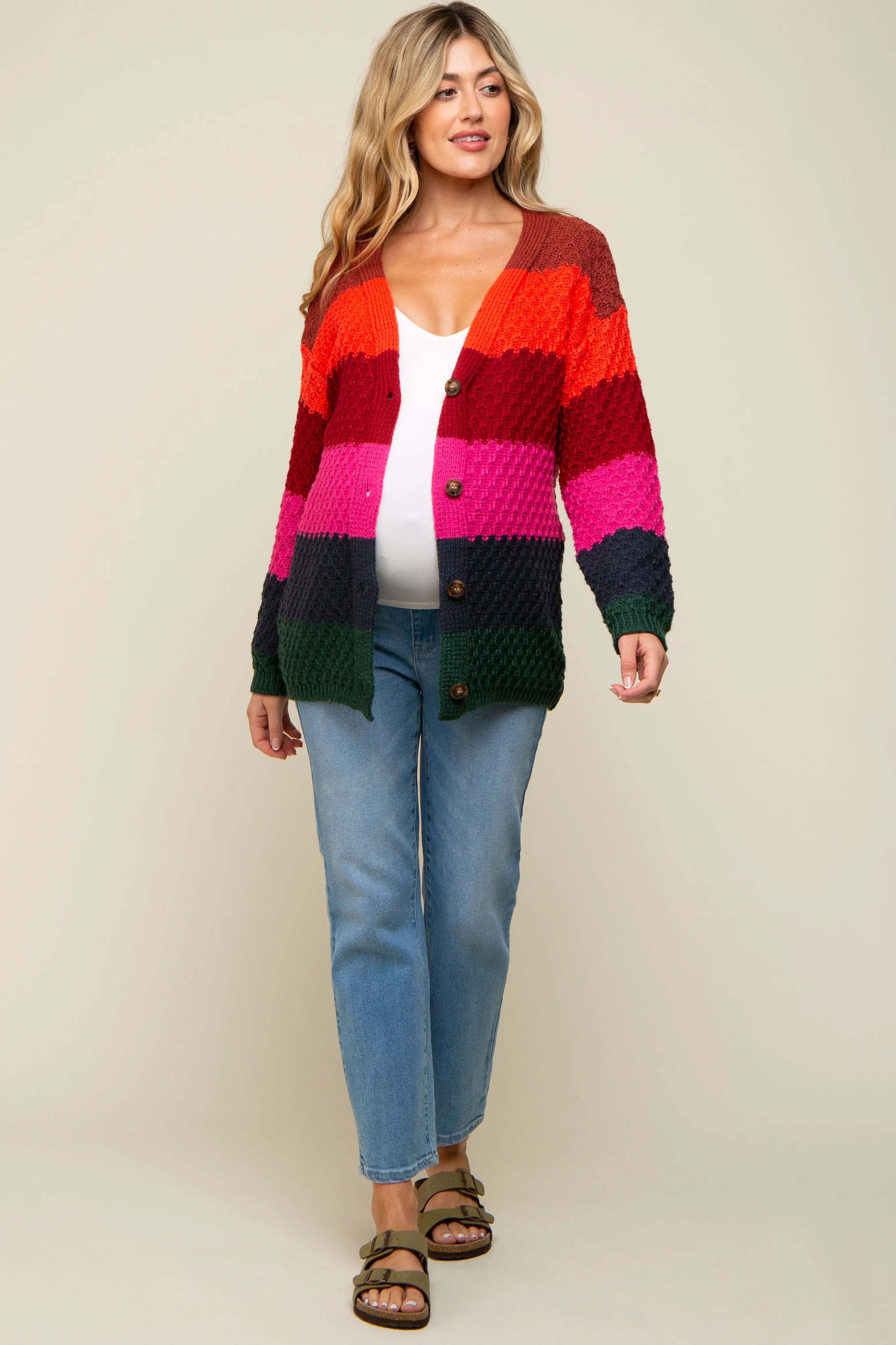 Multicolor Front Button Open Knit Maternity Cardigan