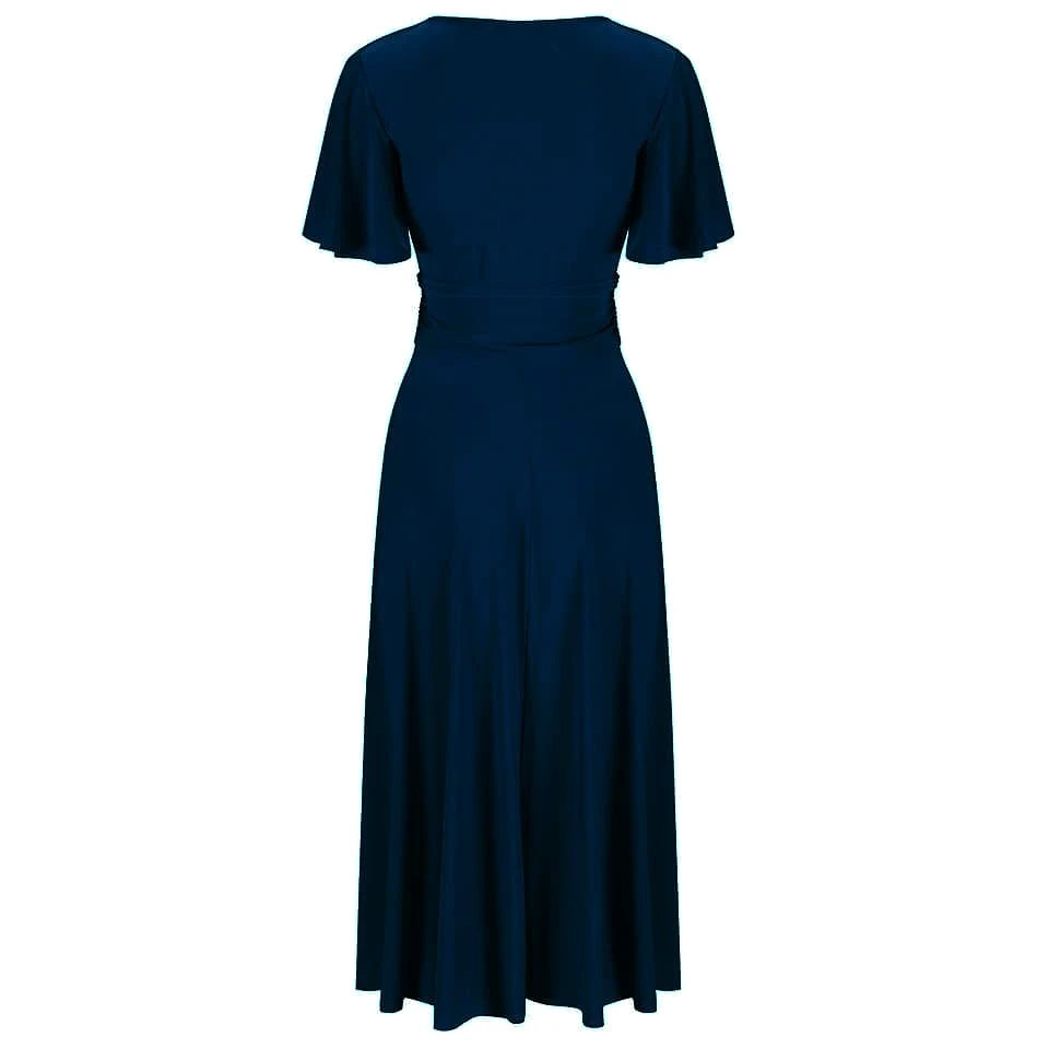 Navy Blue Cap Sleeve V Neck Wrap Top Swing Dress