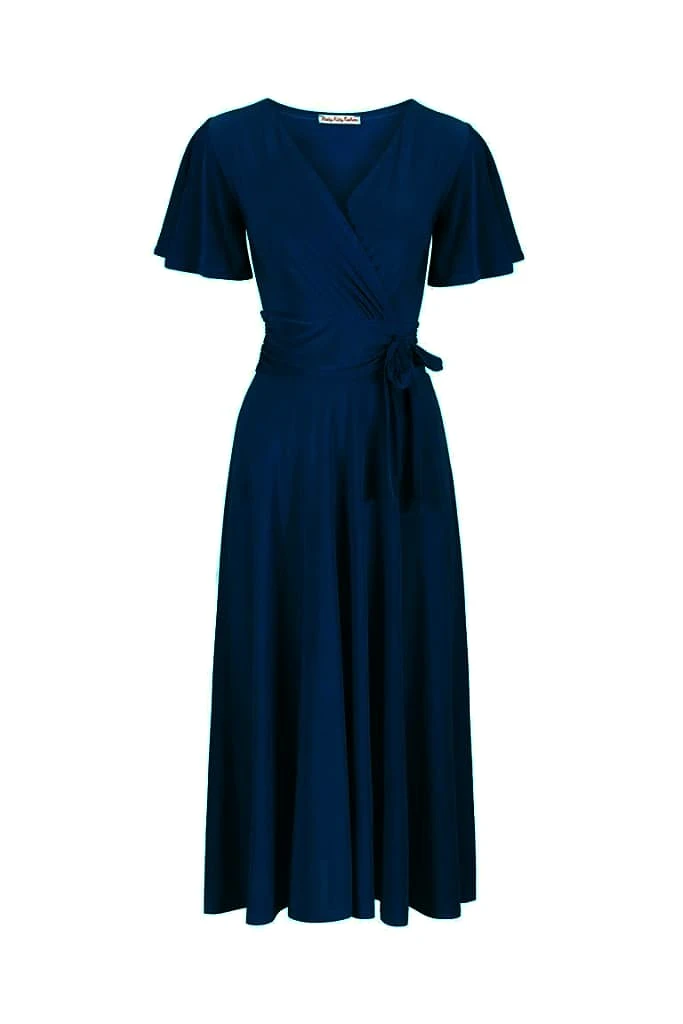 Navy Blue Cap Sleeve V Neck Wrap Top Swing Dress