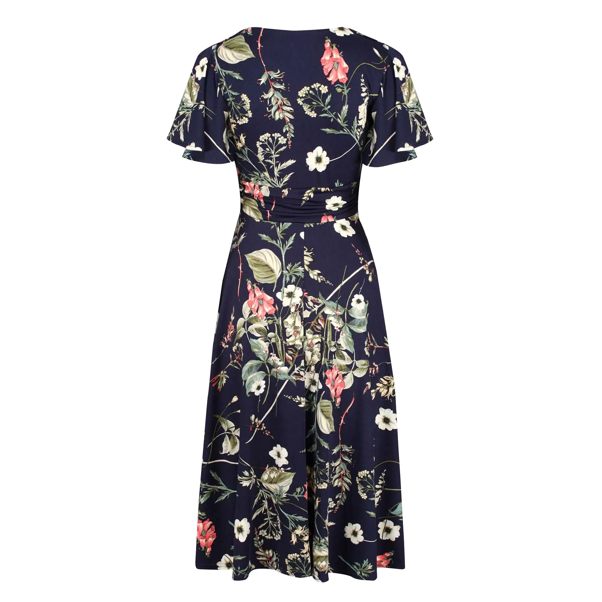 Navy Blue Floral Print Cap Sleeve V Neck Wrap Top Swing Dress