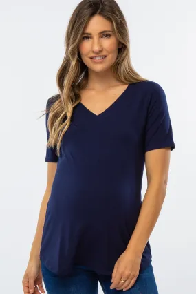 Navy Blue V-Neck Maternity Short Sleeve Round Hem Top