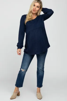 Navy Textured Knit Babydoll Long Sleeve Maternity Top