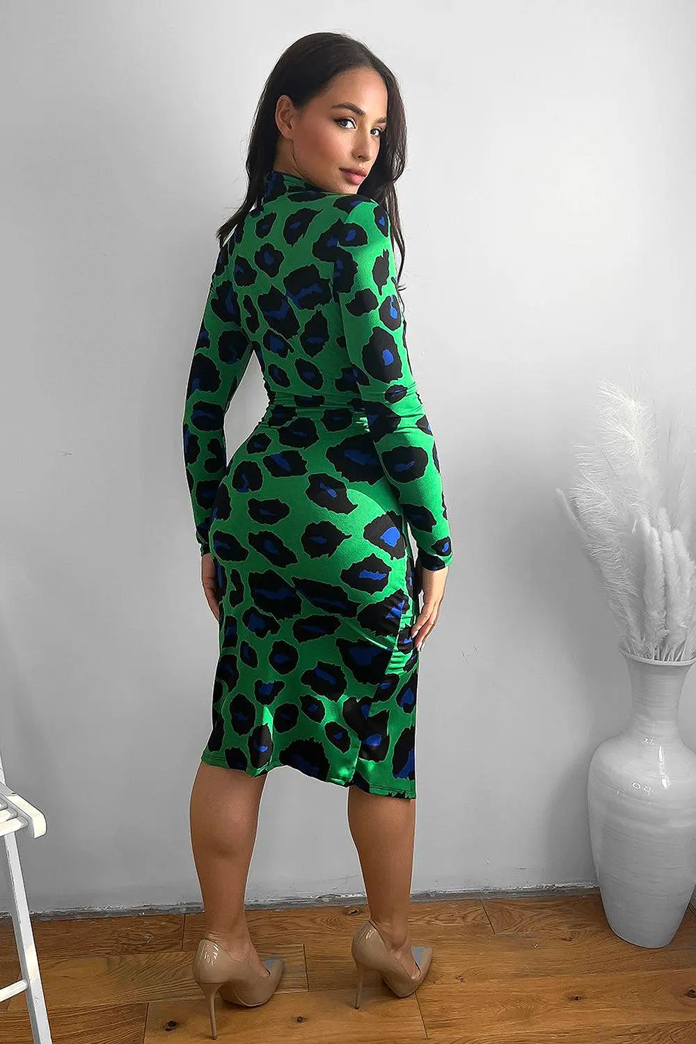 Neon Leopard Print High Neck Midi Dress