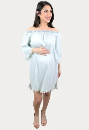 Off the Shoulder Maternity Dress with Frayed Hem