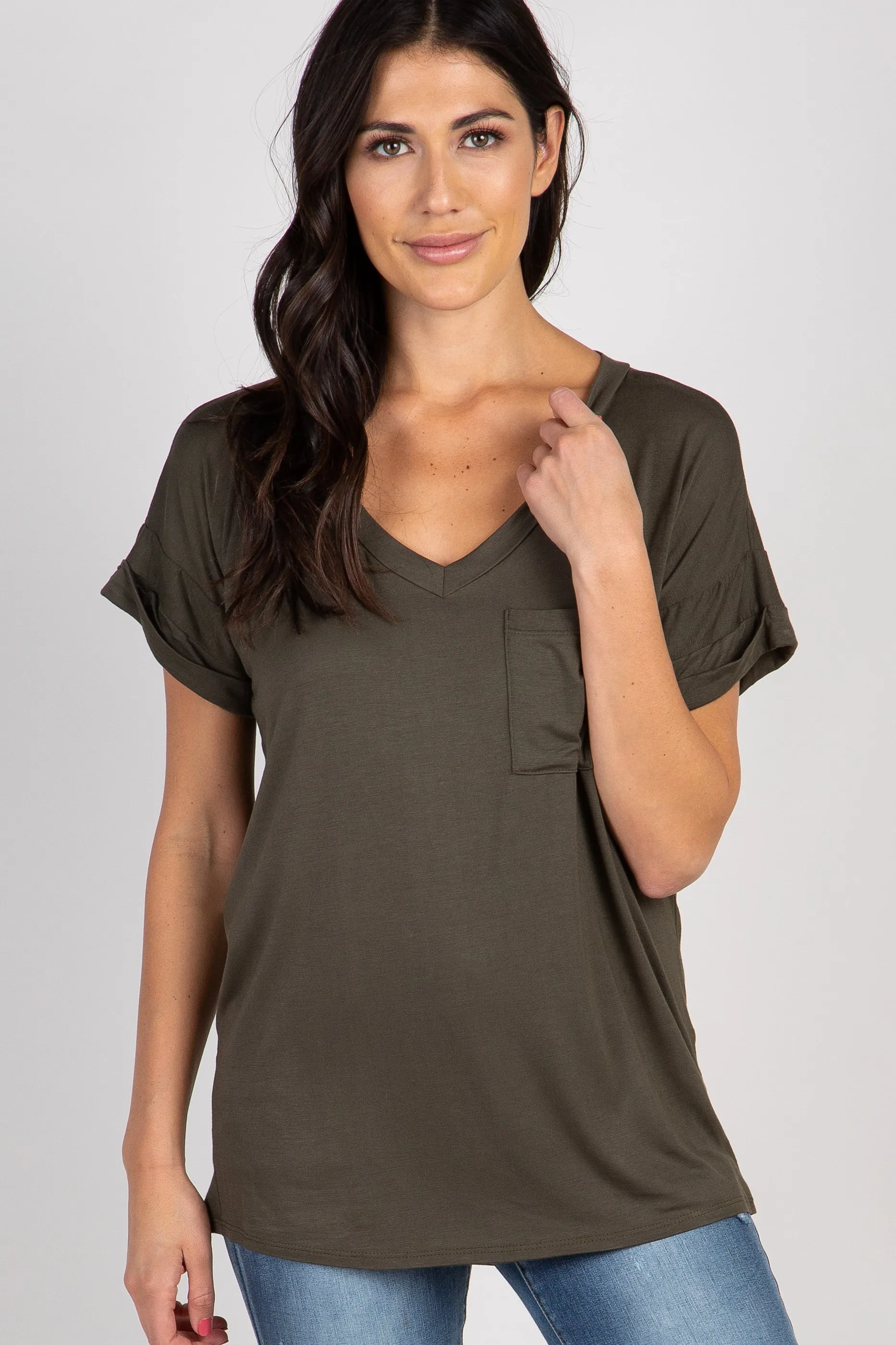 Olive V-Neck Pocket Accent Maternity Top