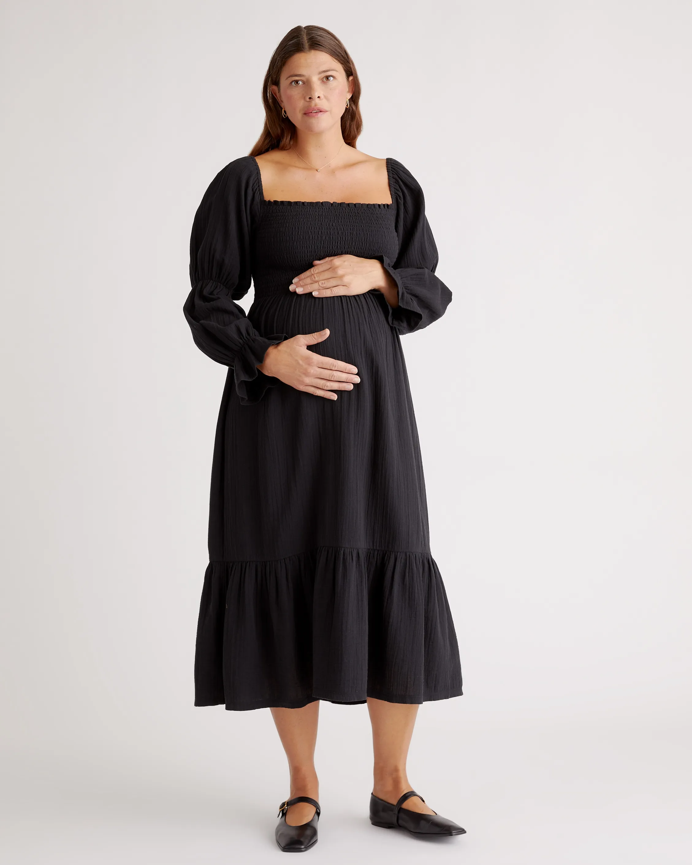 Organic Cotton Gauze Maternity Smocked Ruffle Hem Midi Dress