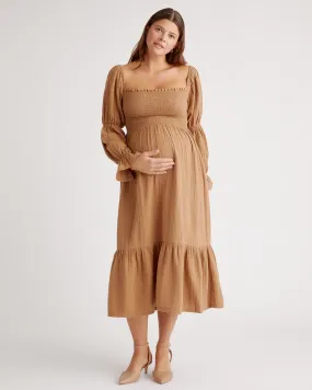 Organic Cotton Gauze Maternity Smocked Ruffle Hem Midi Dress