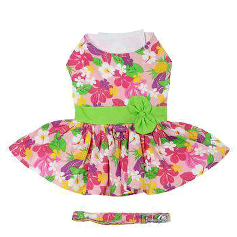 Pink Hawaiian Floral Dog Harness Dress with Leash