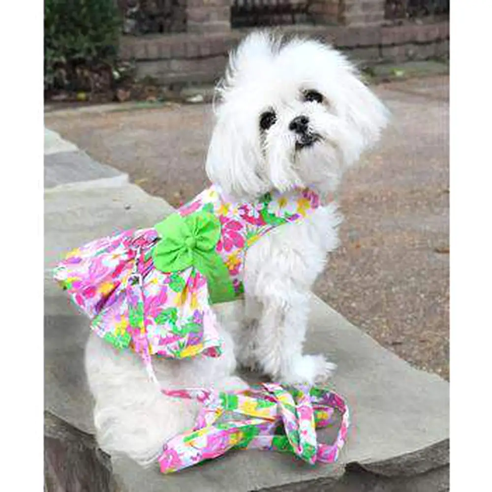 Pink Hawaiian Floral Dog Harness Dress with Leash