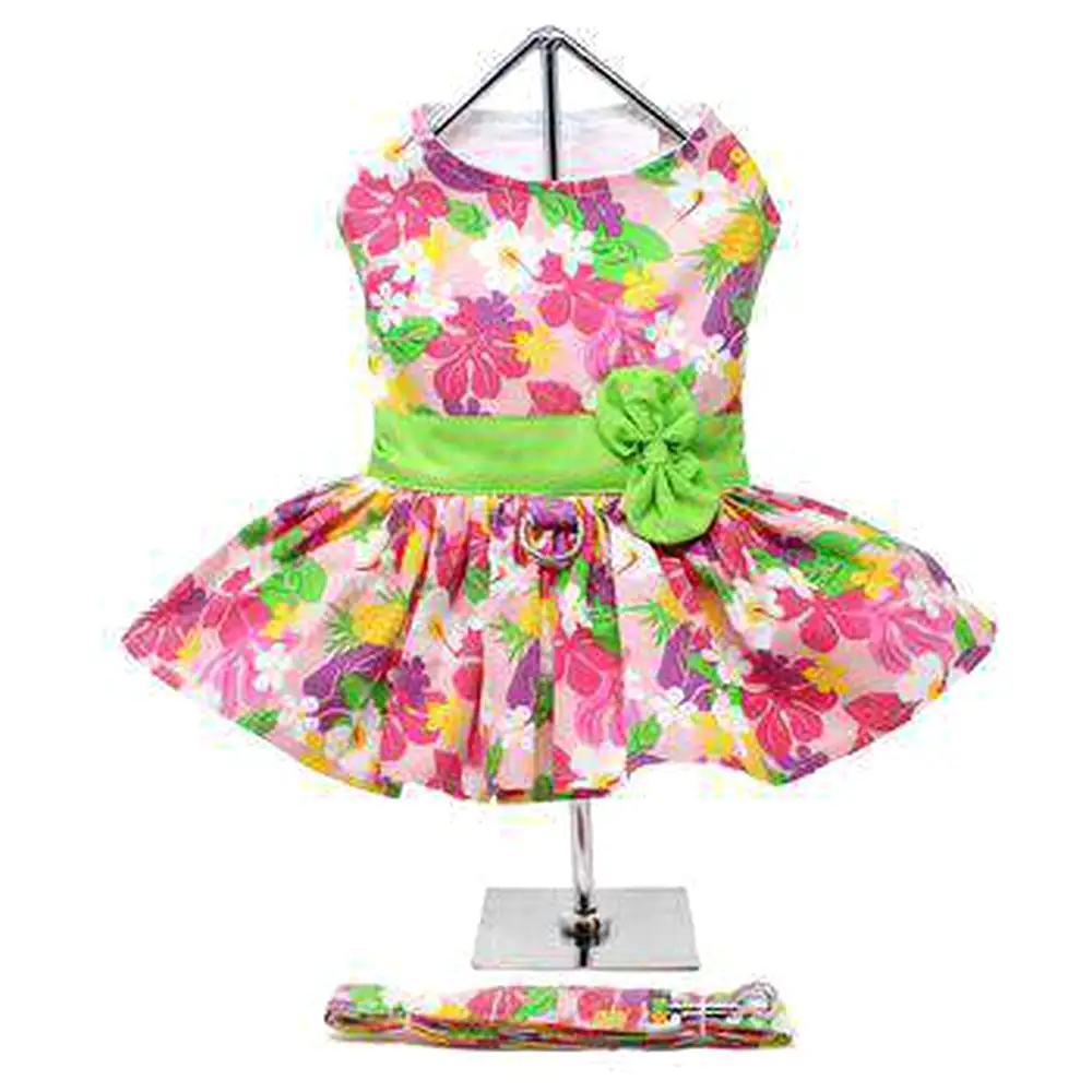 Pink Hawaiian Floral Dog Harness Dress with Leash