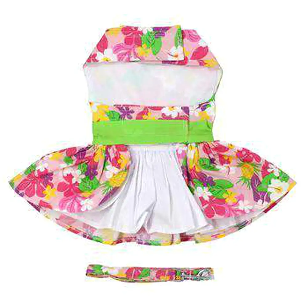 Pink Hawaiian Floral Dog Harness Dress with Leash