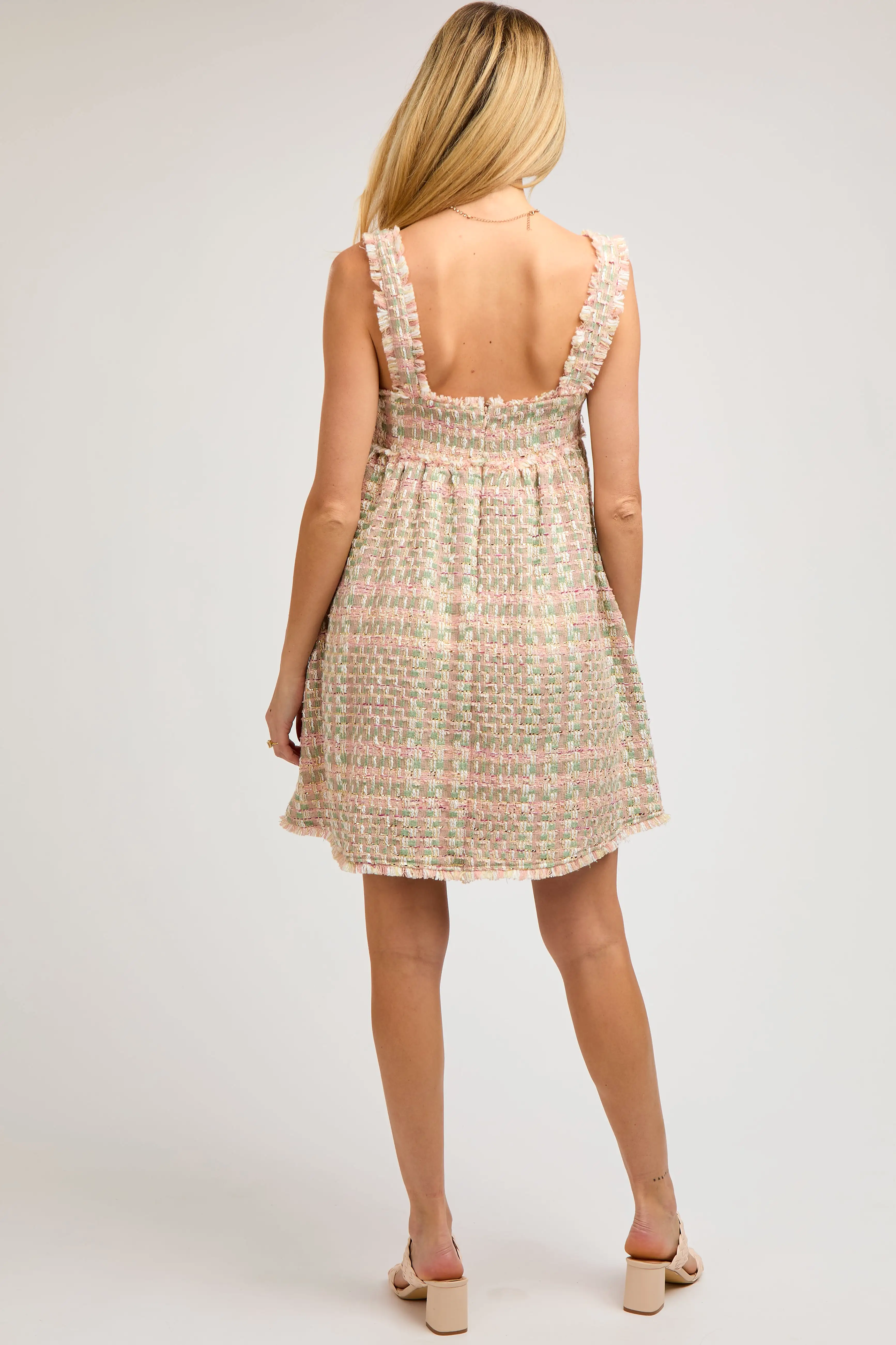 Pink Multi-Color Knit Gingham Sleeveless Maternity Dress