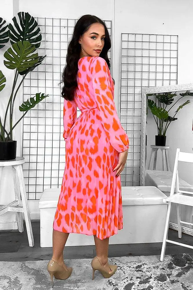 Pink Orange Print Pleated Chiffon Midi Dress