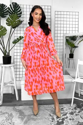 Pink Orange Print Pleated Chiffon Midi Dress