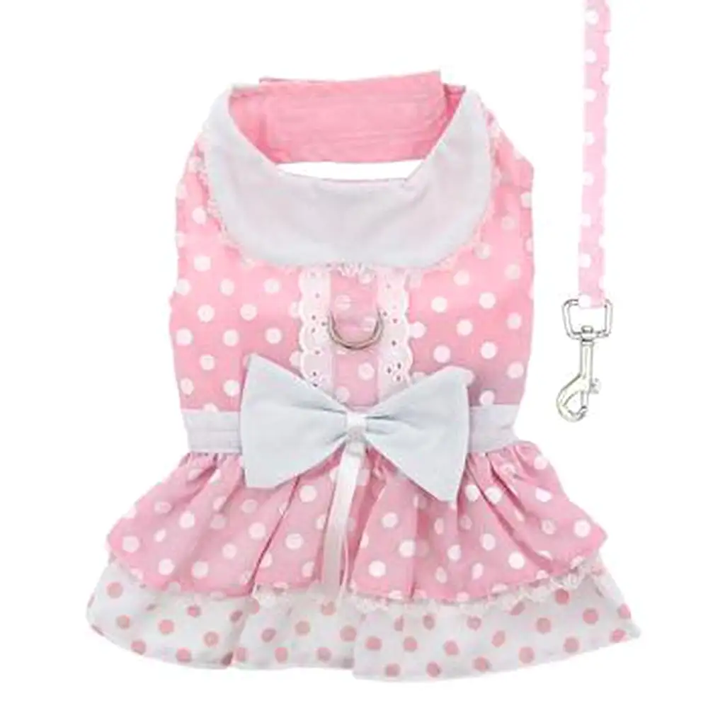 Pink Polka Dot and Lace Designer Dog Harness Dress