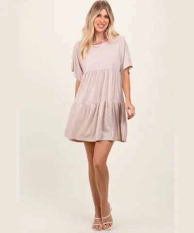 PinkBlush Beige Glitter Flutter Sleeve Tiered Dress