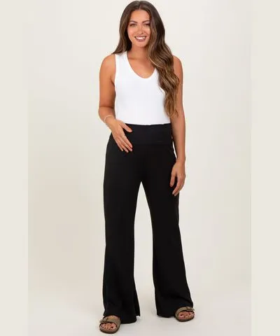 PinkBlush Black Ribbed Smocked Waistband Wide Leg Maternity Pants