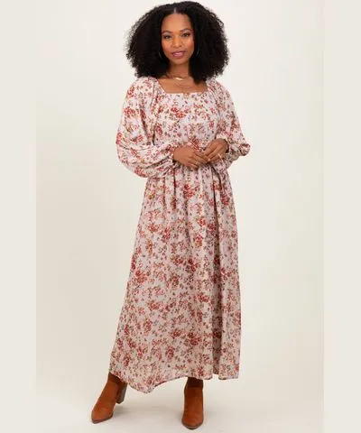 PinkBlush Cream Floral Square Neck Front Tie Midi Dress