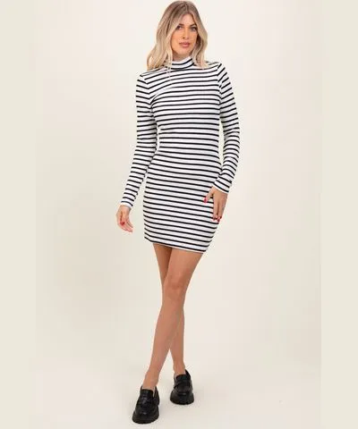 PinkBlush Ivory Striped Mock Neck Long Sleeve Fitted Dress