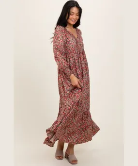 PinkBlush Mocha Floral V-Neck Bubble Sleeve Maxi Dress