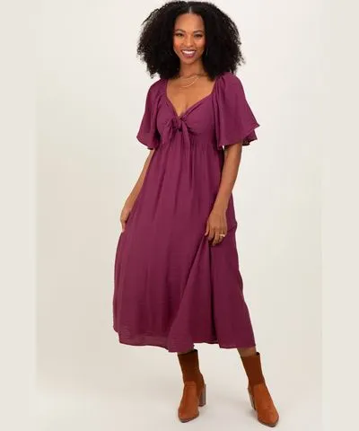 PinkBlush Plum Front Tie Ruffle Sleeve Midi Dress