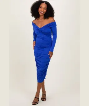 PinkBlush Royal Blue Off Shoulder Ruched Long Sleeve Midi Dress