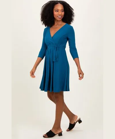 PinkBlush Teal 3/4 Sleeve Nursing Sash Tie Wrap Dress