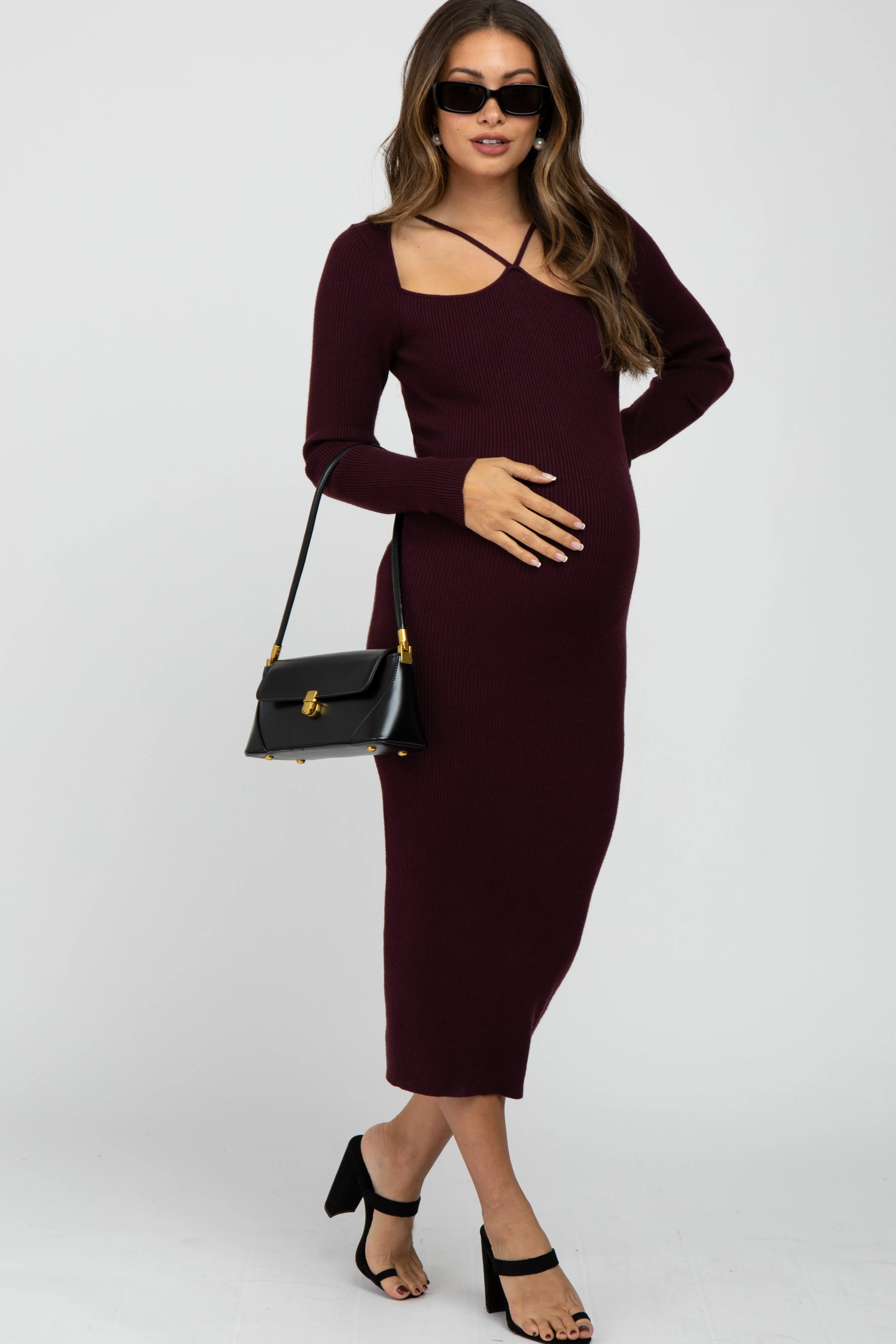 Plum Ribbed Strap Front Cutout Maternity Midi Dress