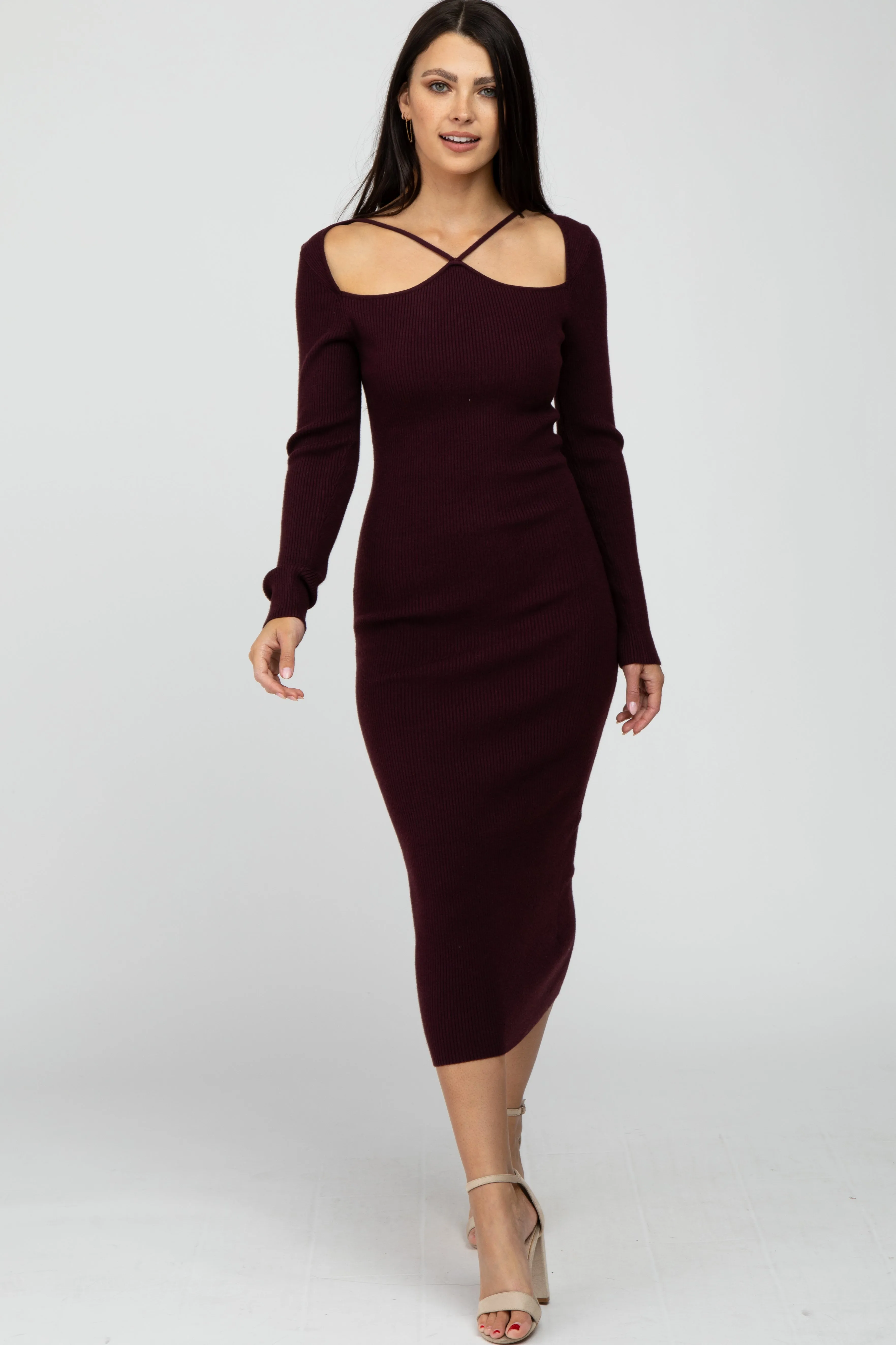 Plum Ribbed Strap Front Cutout Maternity Midi Dress