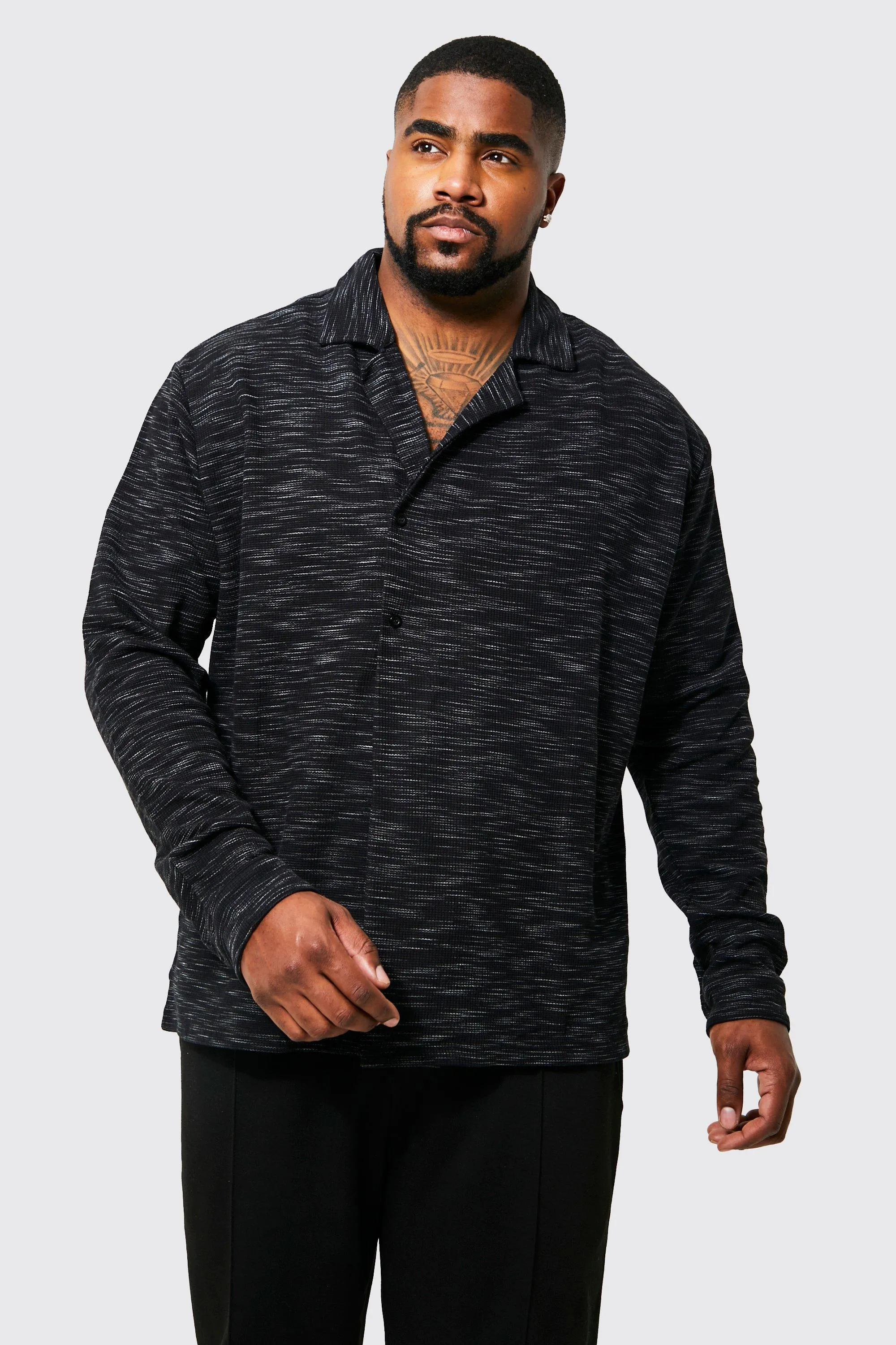 Plus Long Sleeve Waffle Wrap Shirt | boohooMAN UK