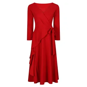 Red Long Sleeve Side Tie Wrap Dress