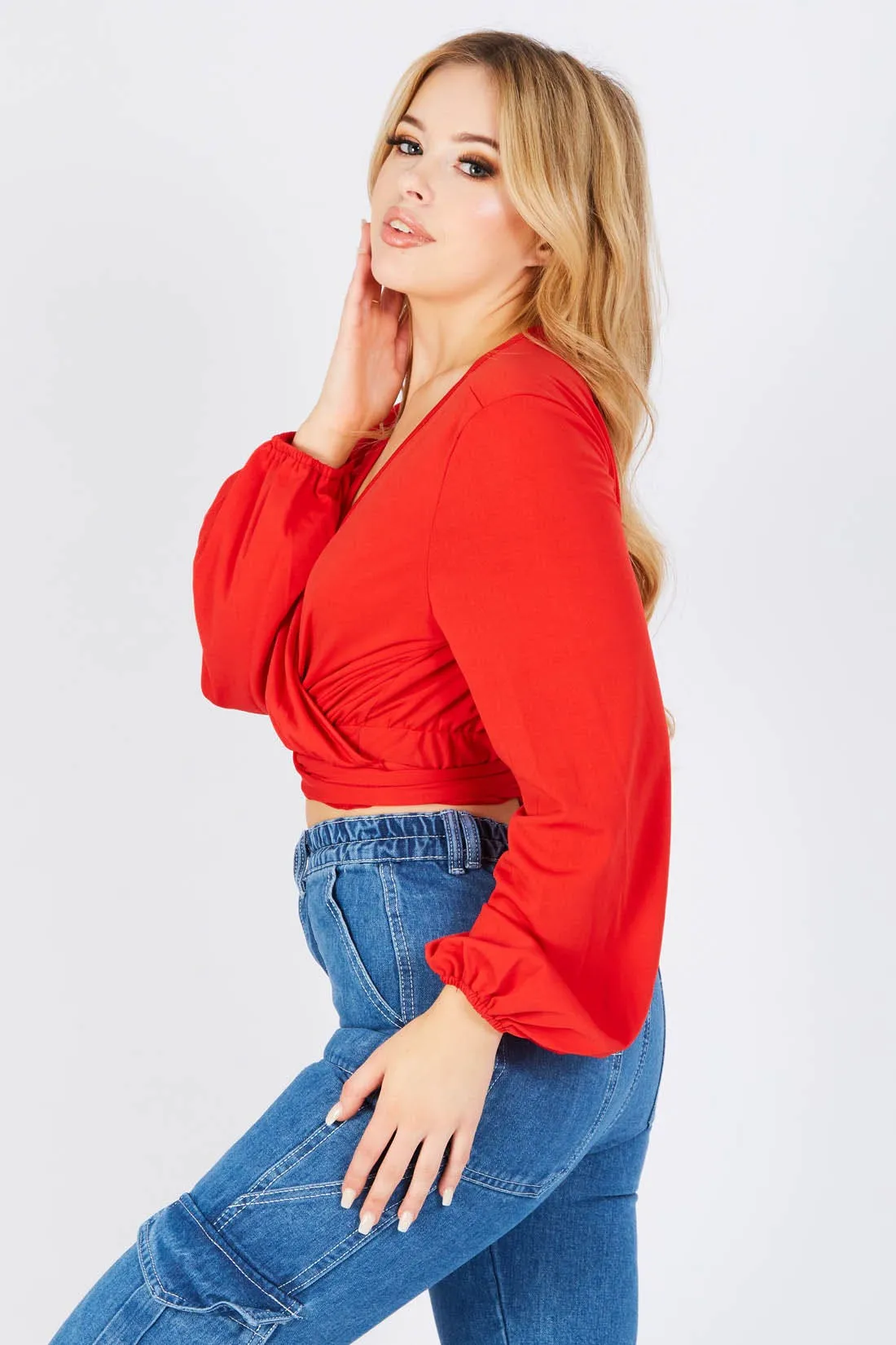 Red Wrap Over Long Sleeve Plunge Top