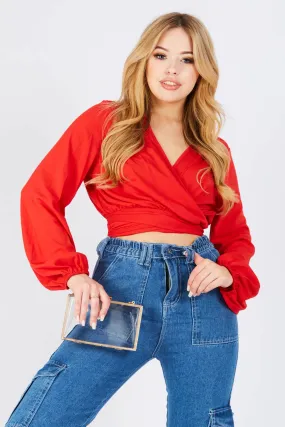 Red Wrap Over Long Sleeve Plunge Top