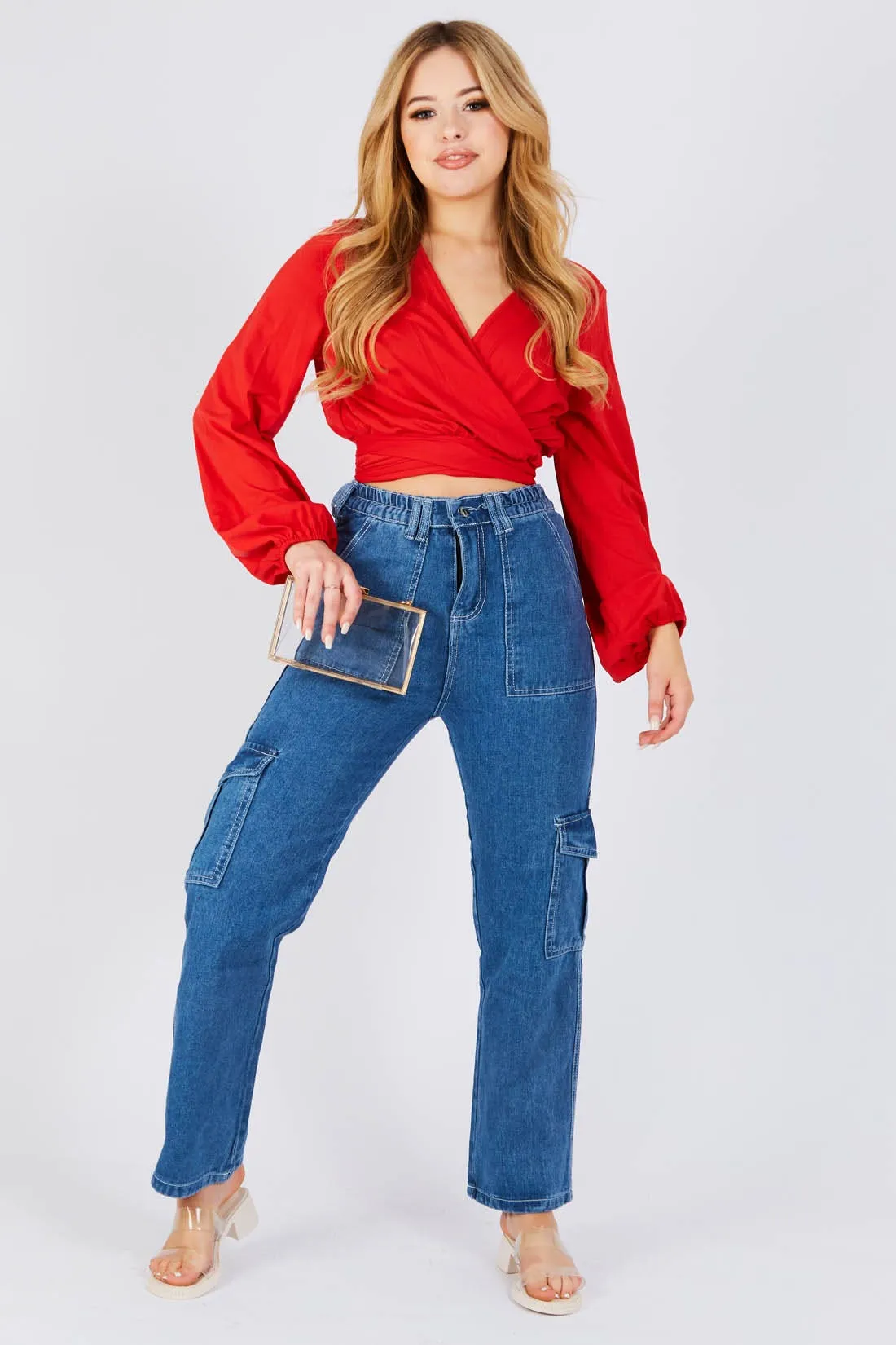 Red Wrap Over Long Sleeve Plunge Top