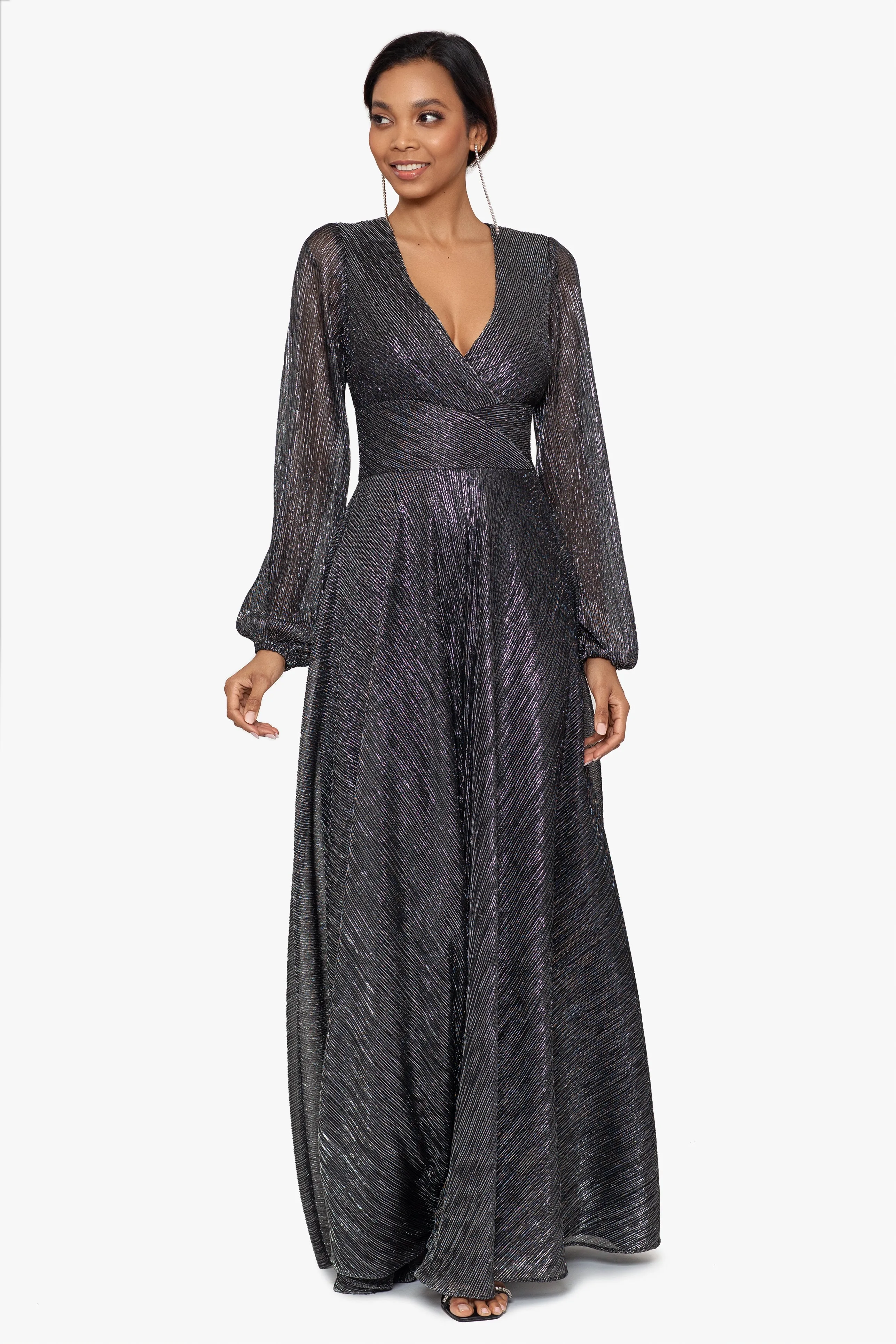 Reign Long Sleeve V Neck Metallic Knit Wrap Dress