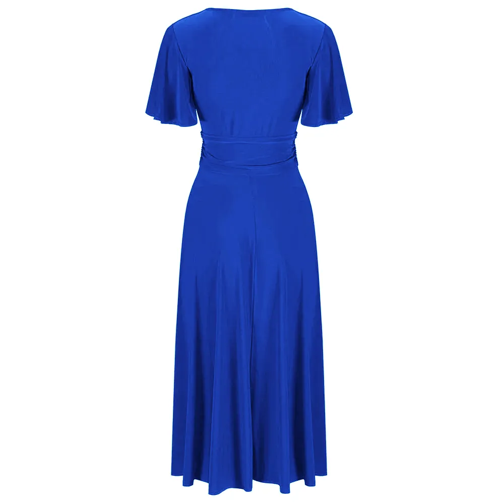 Royal Blue Cap Sleeve Crossover V Neck Vintage Wrap Top Swing Dress