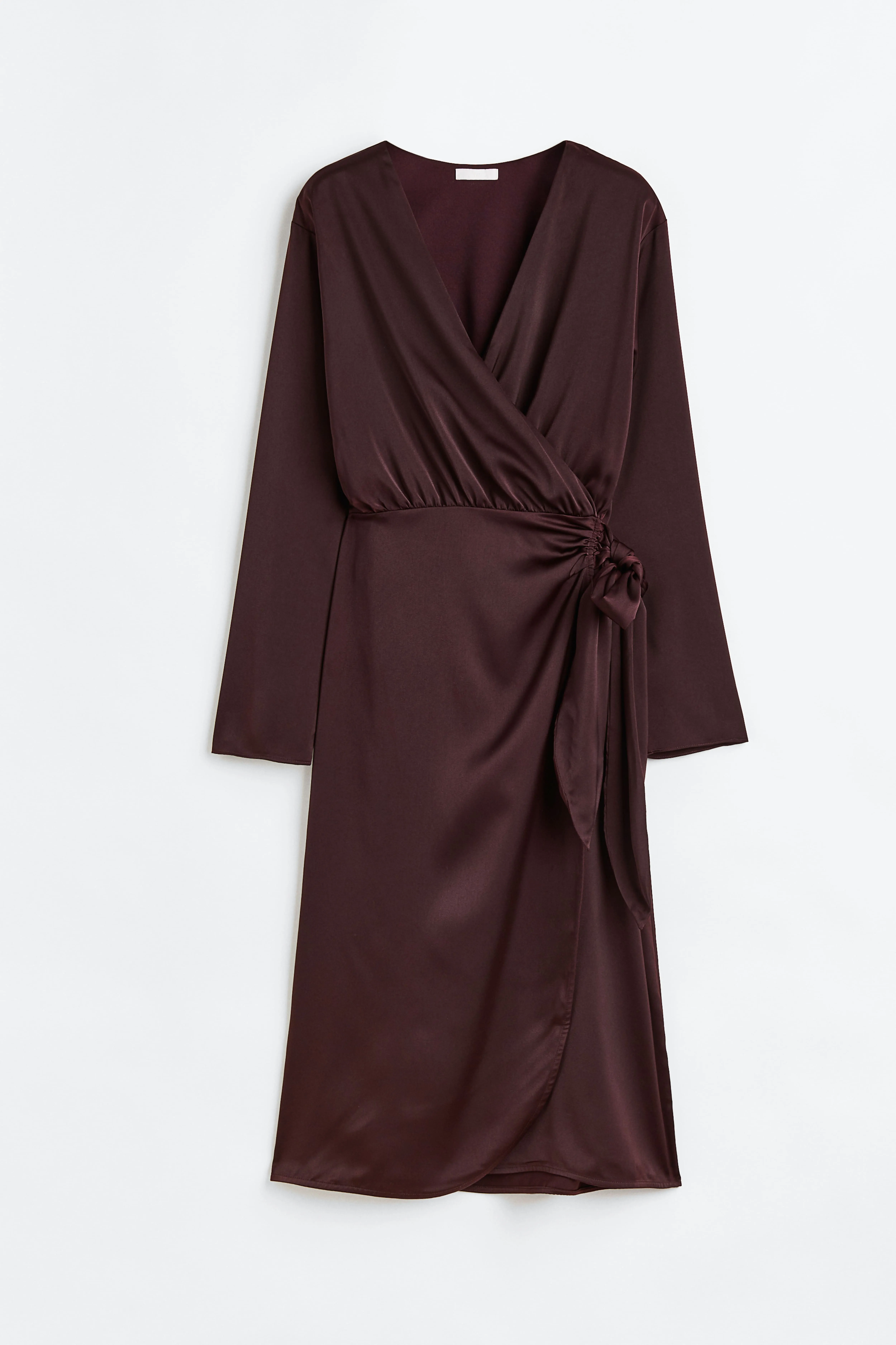 Satin wrap dress - V-neck - Long sleeve - Burgundy - Ladies | H&M GB