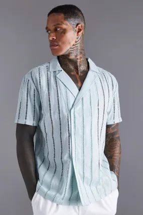 Short Sleeve Wrap Crochet Stripe Shirt | boohooMAN UK