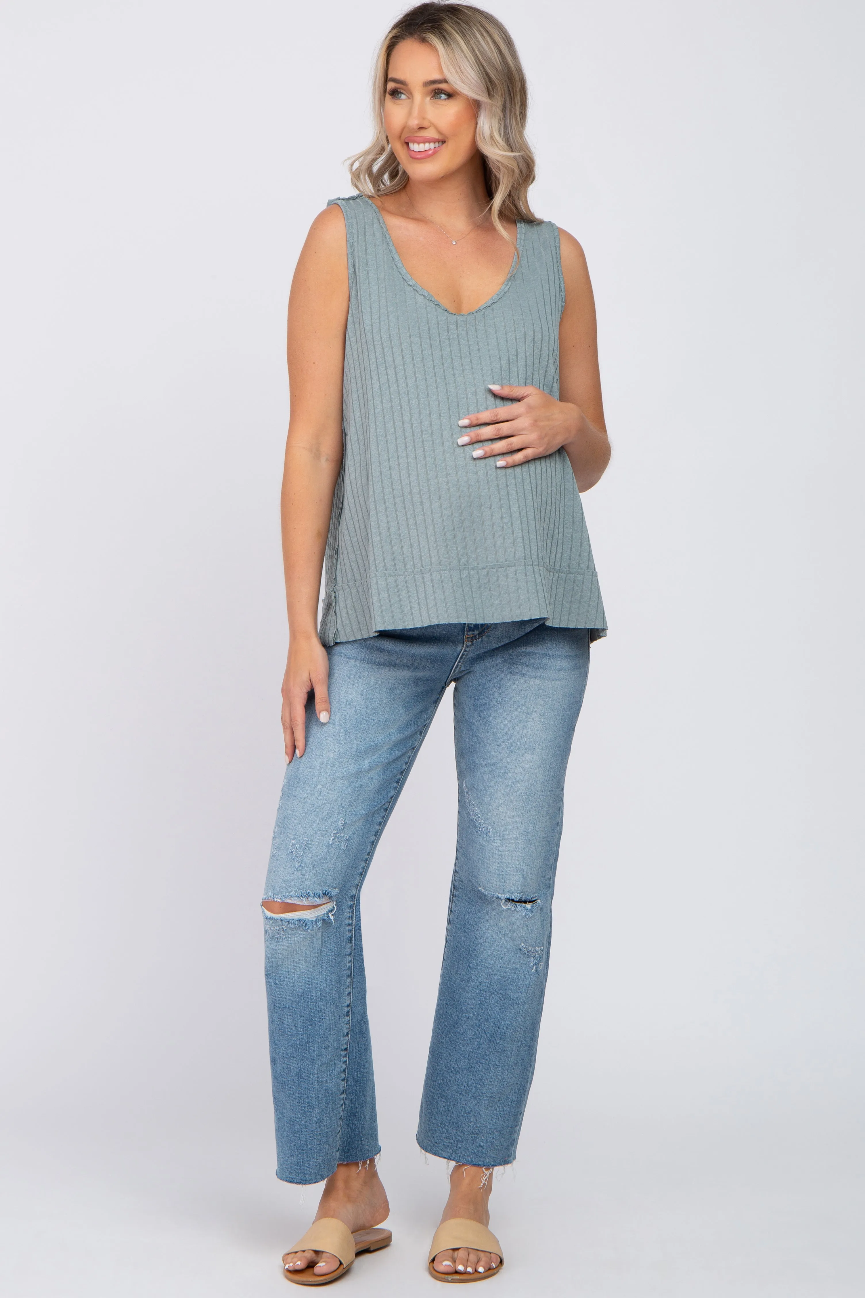 Slate Blue Ribbed Raw Hem Maternity Tank Top